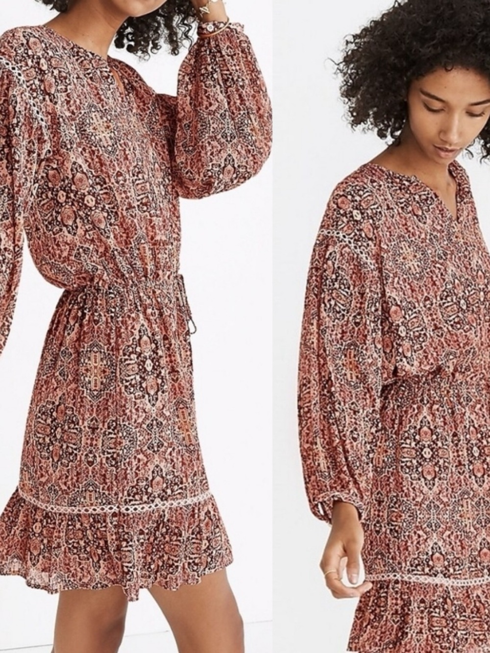 Madewell Kaleidoscope Drawstring Boho Peasant Long Sleeve Tunic Mini Dress Sz L